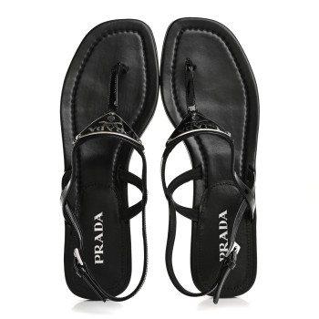 PRADA Vernice Metal Triangle Logo Slingback Flat Thong Sandals 39 Black