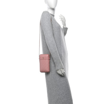CHANEL Lambskin Quilted Chain Around Phone Holder Pink