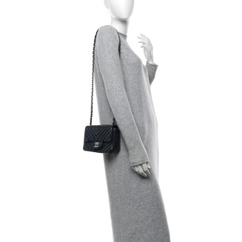 CHANEL Patent Chevron Quilted Mini Square Flap Dark Blue