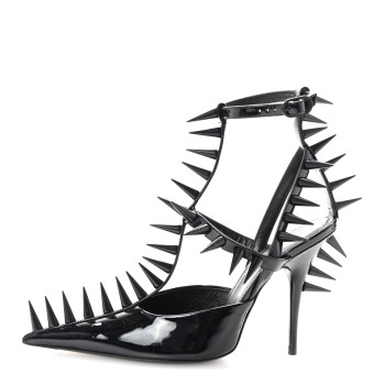 BALENCIAGA Glossy Calfskin Spiked Pumps 36 Black