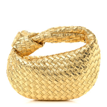 BOTTEGA VENETA Laminated Calfskin Pressed Intreccio Mini Jodie Gold