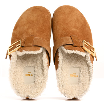 FENDI Suede Shearling Fendi Feel Buckled Clogs 38 Caramel Latte