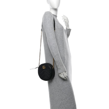 GUCCI Azalea Calfskin Matelasse Heart Mini GG Marmont Round Shoulder Bag Black