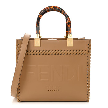FENDI Vitello King Ceylon Plexiglass Woven Logo Debossed Small Fendi Sunshine Shopper Tote Miele Scuro