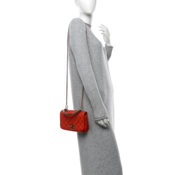 CHANEL Lambskin Quilted Wood Mini Coco Handle Flap Red