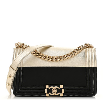 CHANEL Metallic Goatskin Calfskin Medium Boy Flap Gold Black