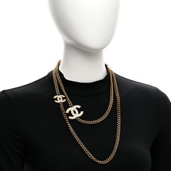 CHANEL Metal Quilted CC Long Chain Necklace Gold Pearly White