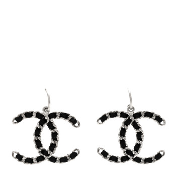 CHANEL Lambskin CC Chain Drop Earrings Black Silver