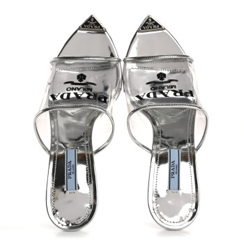 PRADA Plexiglass Metallic Calfskin Metal Triangle Logo 75mm Slide Sandals 39 Argento