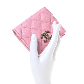 CHANEL Caviar Quilted Multi Chain CC Compact Bifold Wallet Pink