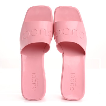 GUCCI Rubber Gucci Logo Womens Platform 20/60mm Slide Sandals 37 Wild Rose