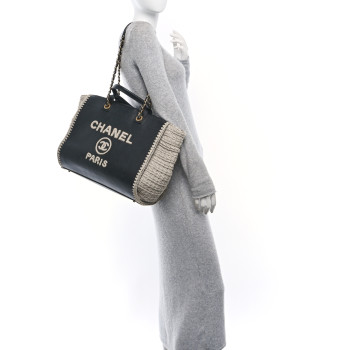 CHANEL Calfskin Knit Medium Deauville Tote Black Beige