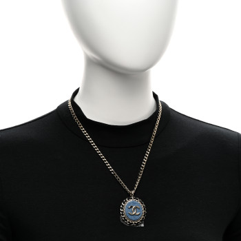 CHANEL Denim CC Pendant Necklace Gold Blue Black