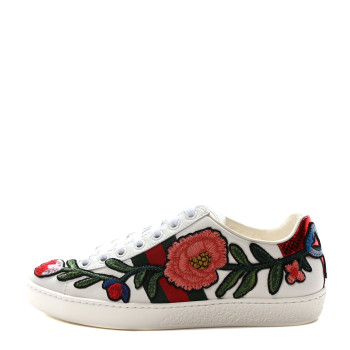 GUCCI Calfskin Web Floral Embroidered Womens Ace Sneakers 36 White