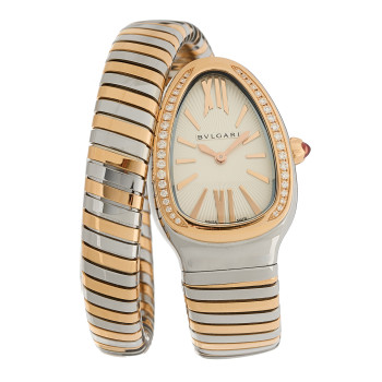 BULGARI Stainless Steel 18K Rose Gold Diamond Bezel 35mm Serpenti Tubogas Quartz Watch