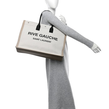 SAINT LAURENT Linen Calfskin Rive Gauche Tote Optic White