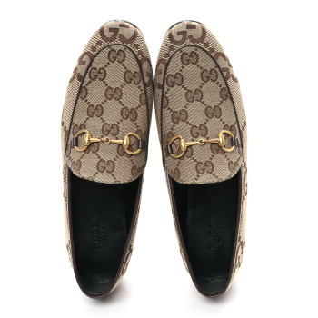 GUCCI Monogram Jumbo GG Malaga Kid Horsebit Womens Jordaan Loafers 36 Beige Ebony New Acero