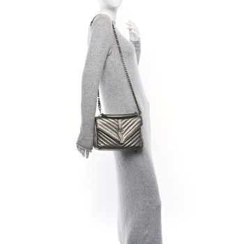 SAINT LAURENT Metallic Grain De Poudre Matelasse Chevron Monogram Medium College Bag Gunmetal