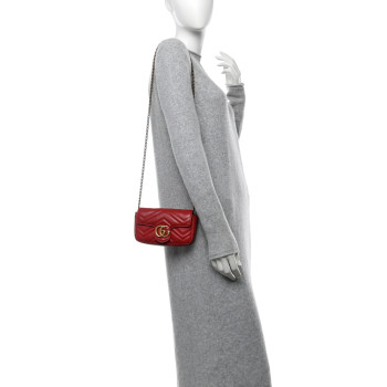 GUCCI Calfskin Matelasse Super Mini GG Marmont Shoulder Bag Hibiscus Red