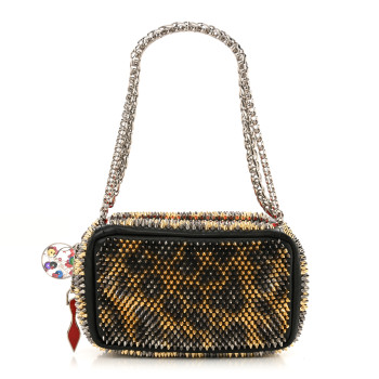 CHRISTIAN LOUBOUTIN Nappa Mini Spikes Leopard Piloutin Wristlet Clutch Black