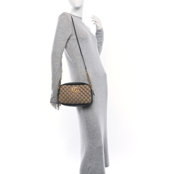 GUCCI Monogram Matelasse Diagonal Small GG Marmont Chain Shoulder Bag Beige Black