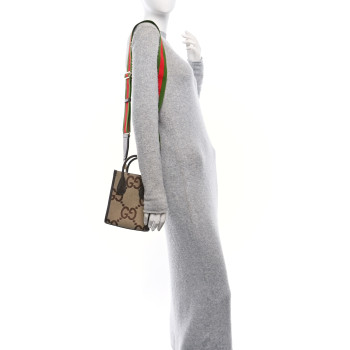 GUCCI Monogram Jumbo GG Textured Dollar Calfskin Web Mini Vertical Tote Camel Ebony New Acero