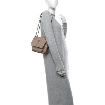 SAINT LAURENT Crinkled Calfskin Matelasse Monogram Baby Niki Chain Satchel Light Taupe