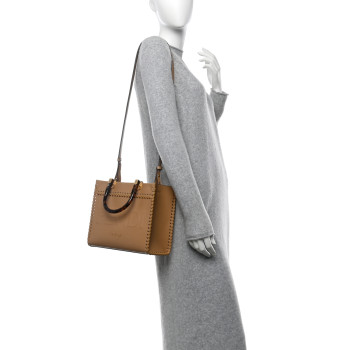 FENDI Vitello King Ceylon Plexiglass Woven Logo Debossed Small Fendi Sunshine Shopper Tote Miele Scuro