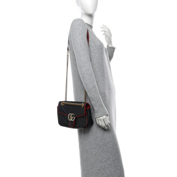 GUCCI Vintage Effect Calfskin Matelasse Diagonal Small Torchon GG Marmont Shoulder Bag Black Romantic Cherry