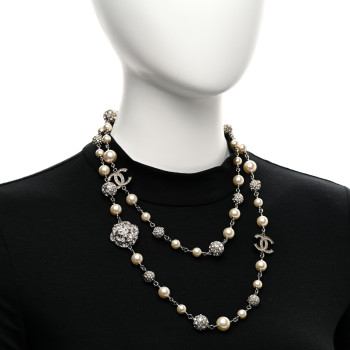 CHANEL Pearl Crystal CC Camellia Long Necklace Silver