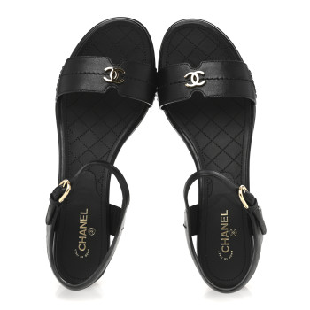 CHANEL Calfskin CC Ankle Strap Sandals 40 Black