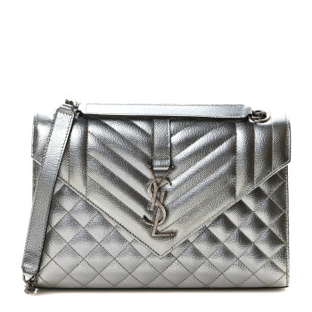 SAINT LAURENT Metallic Grain De Poudre Textured Mixed Matelasse Triquilt Medium Monogram Satchel Silver
