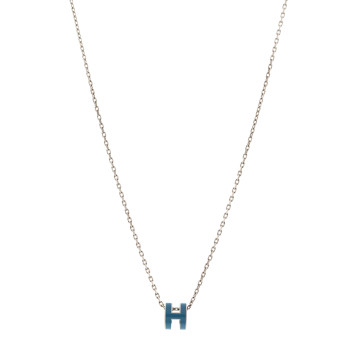 HERMES Lacquered Palladium Mini Pop H Pendant Necklace Bleu Jean