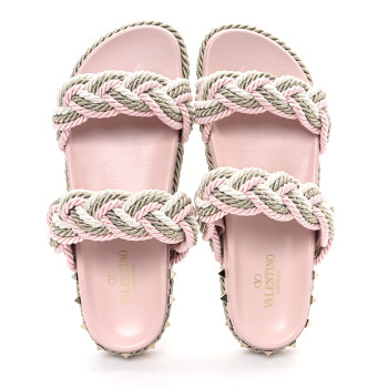 VALENTINO GARAVANI Calfskin Rockstud Rope Espadrille Wedge Sandals 40 Pink