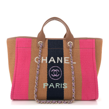CHANEL Straw Raffia Calfskin Striped Medium Deauville Tote Dark Beige Fuchsia Navy Blue