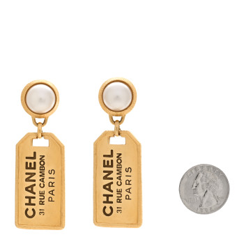 CHANEL Pearl CC Tags Drop Earrings Gold