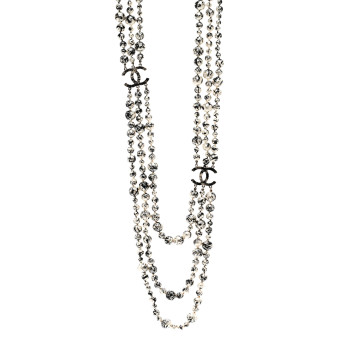 CHANEL Pearl CC Graffiti 3 Strand Long Necklace Black Gold