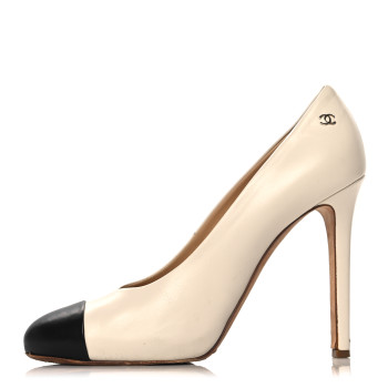 CHANEL Lambskin Cap Toe Pumps 39 White Black