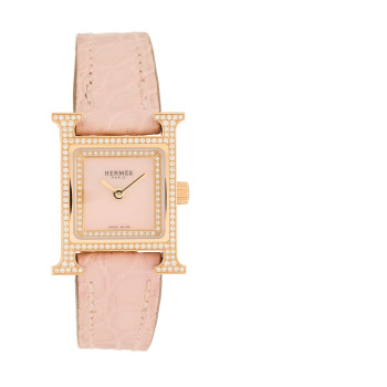 HERMES 18K Rose Gold Alligator Diamond Bezel Rose Opal 17.2mm Heure H Hour Quartz Watch Rose Pale