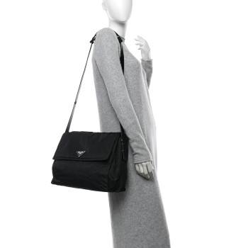 PRADA Re-Nylon Vitello Padded Large Flap Shoulder Bag Black