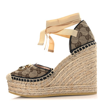GUCCI Monogram Matelasse GG Marmont Ankle Wrap Platform 35/120mm Espadrille Wedges 35 Beige Ebony Black Sand Storm