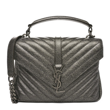 SAINT LAURENT Metallic Grain De Poudre Matelasse Chevron Monogram Medium College Bag Gunmetal