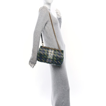 BALENCIAGA Wool Plaid Diagonal Allover Logo Matelasse M BB Round Shoulder Bag Green Blue Yellow