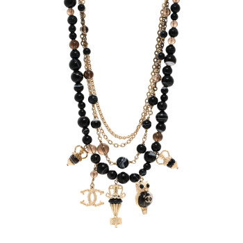 CHANEL Resin Glass CC Beaded Charms Multi Strand Short Necklace Gold Black
