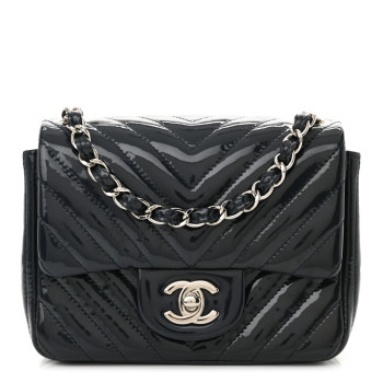 CHANEL Patent Chevron Quilted Mini Square Flap Dark Blue