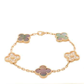 VAN CLEEF & ARPELS 18K Rose Gold Diamond Gray Mother of Pearl 5 Motifs Vintage Alhambra Bracelet