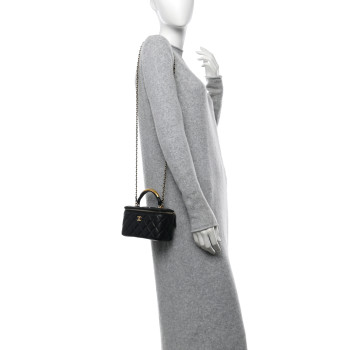 CHANEL Lambskin Quilted Metal Small Top Handle Vanity Case With Chain Black