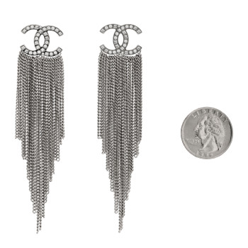 CHANEL Baguette Crystal CC Chain Drop Earrings Silver
