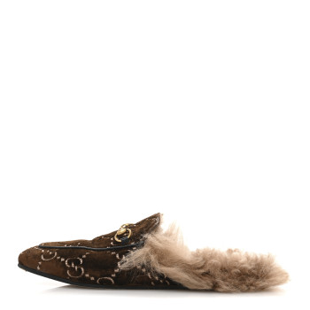 GUCCI Velvet GG Monogram Fur Womens Princetown Slippers 40 Brown Black Natural