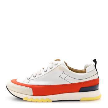 HERMES Technical Canvas Suede Goatskin Calfskin Mens Rapid Sneakers 42 White Orange